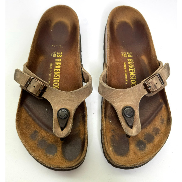 Birkenstock Turin Thong Sandal 38 Tan Nubuck Leather Flip Flop Adjustable Rare - Picture 1 of 8